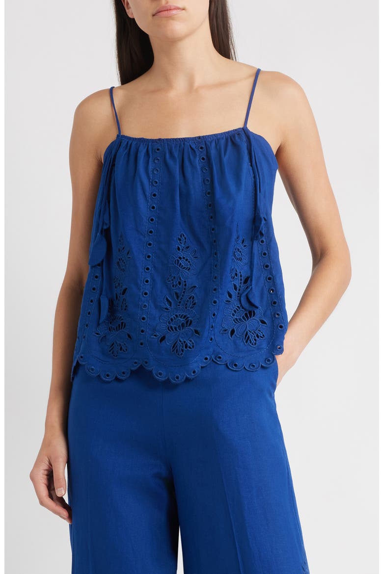 Richelieu Eyelet Embroidered Linen Blend Camisole, Main, color, BLUE