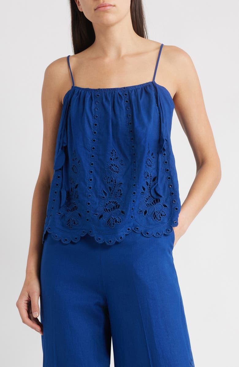 FARM Rio Richelieu Eyelet Embroidered Linen Blend Camisole, Main, color, Blue