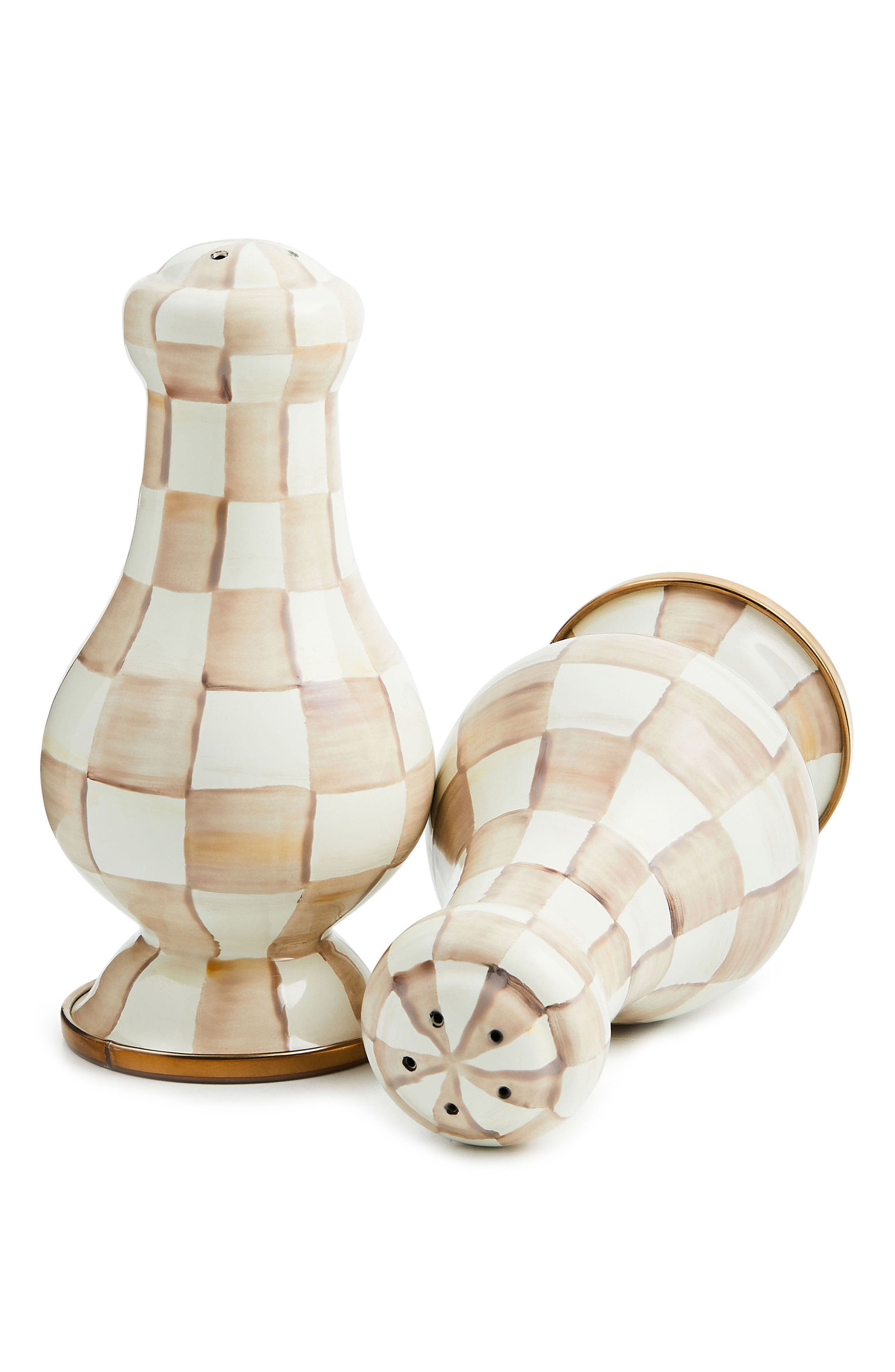 MACKENZIE CHILDS Mocha Check Enamel Large Salt & Pepper Shaker Set