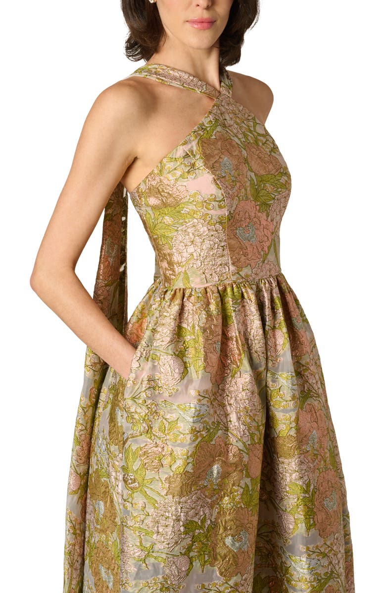 Aidan Mattox Metallic Floral Jacquard Halter Gown, Alternate, color, Pink Multi