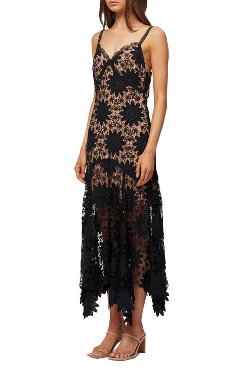 Channeling Guipure Lace Handkerchief Hem Cocktail Dress