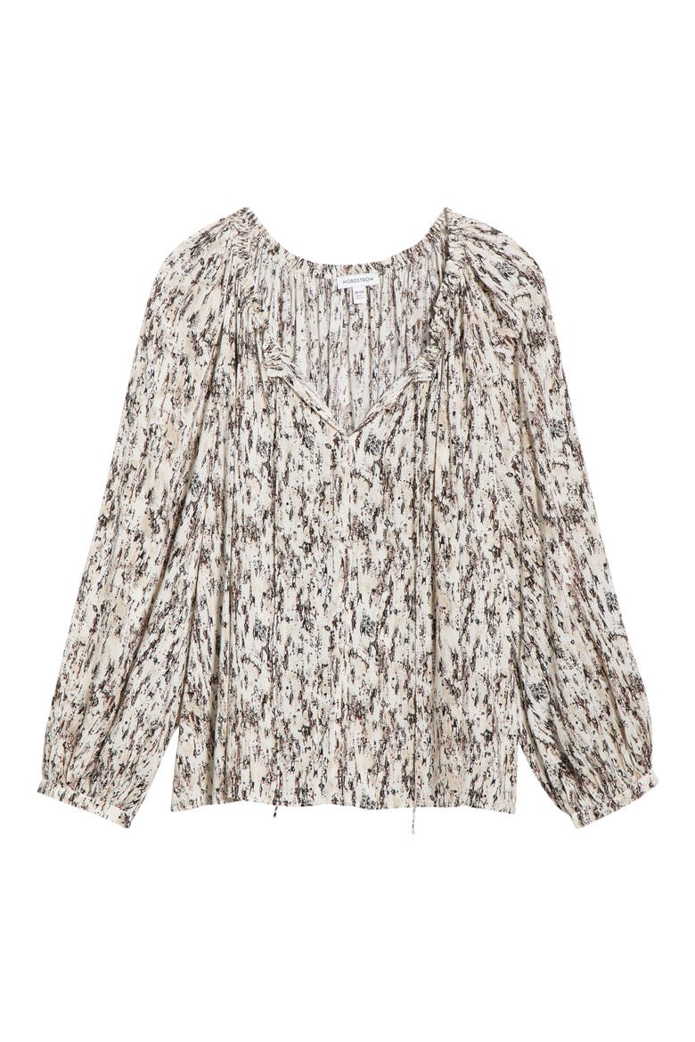 Gathered Tie Neck Top, Alternate, color, IVORY- BROWN TEXTURAL