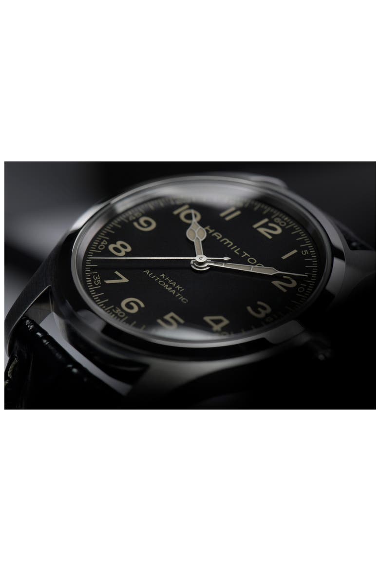 Khaki Field Automatic Leather Strap Watch, 42mm, Alternate, color, BLACK