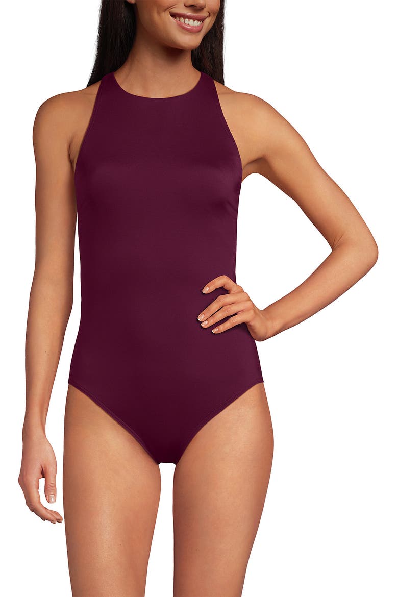 Tugless High Neck Portrait Back One Piece Swimsuit, Alternate, color, Berry