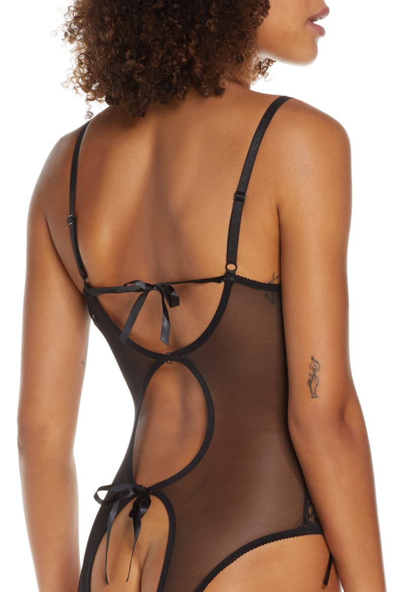 Zara Underwire Open Cup Open Gusset Lace Teddy, Alternate, color, BLACK