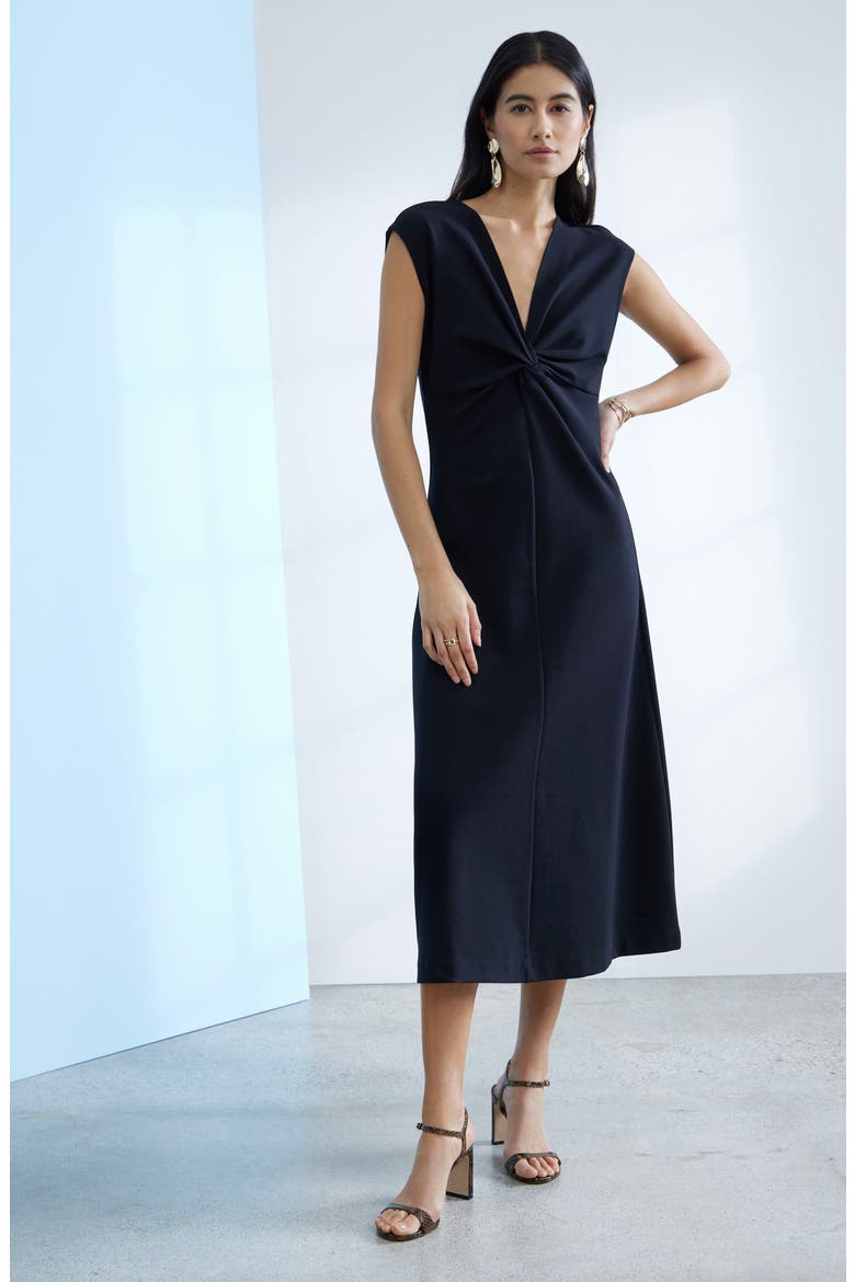 Twist Front Cap Sleeve Midi Dress, Alternate, color, BLACK