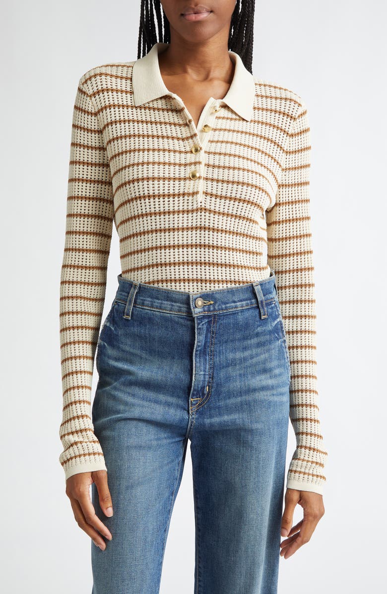rag & bone Viola Stripe Long Sleeve Polo Sweater, Main, color, Ivorymult