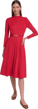 HALSTON Long Sleeve Knit Midi Dress with Hardware