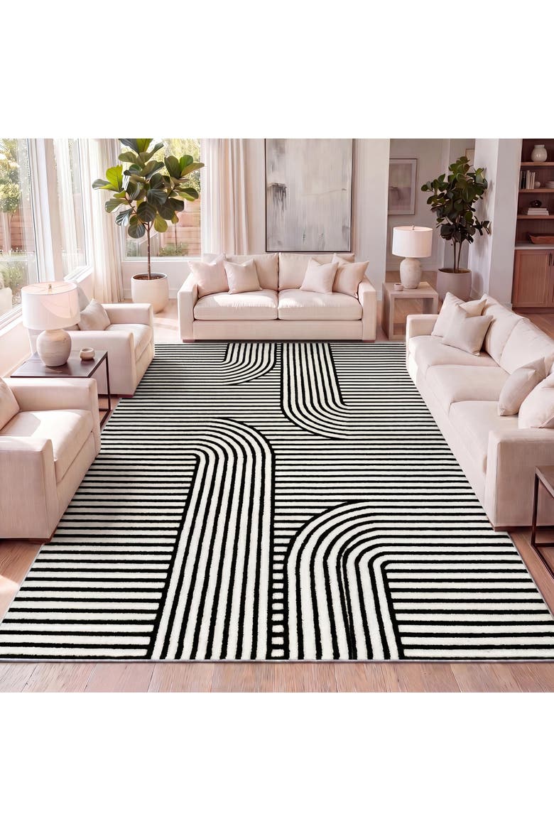 Anders High-Low MidCentury Modern Arch Stripe Two-Tone Indoor/Outdoor Area Rug, Alternate, color, Black/White