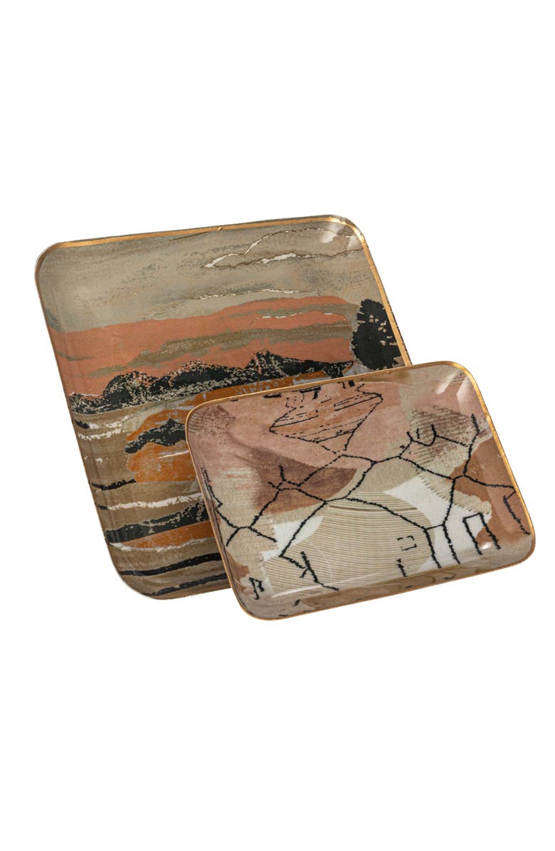 Storied Home Landscape and Abstract Enameled Metal Trays, Set of 2, Main, color, Orange