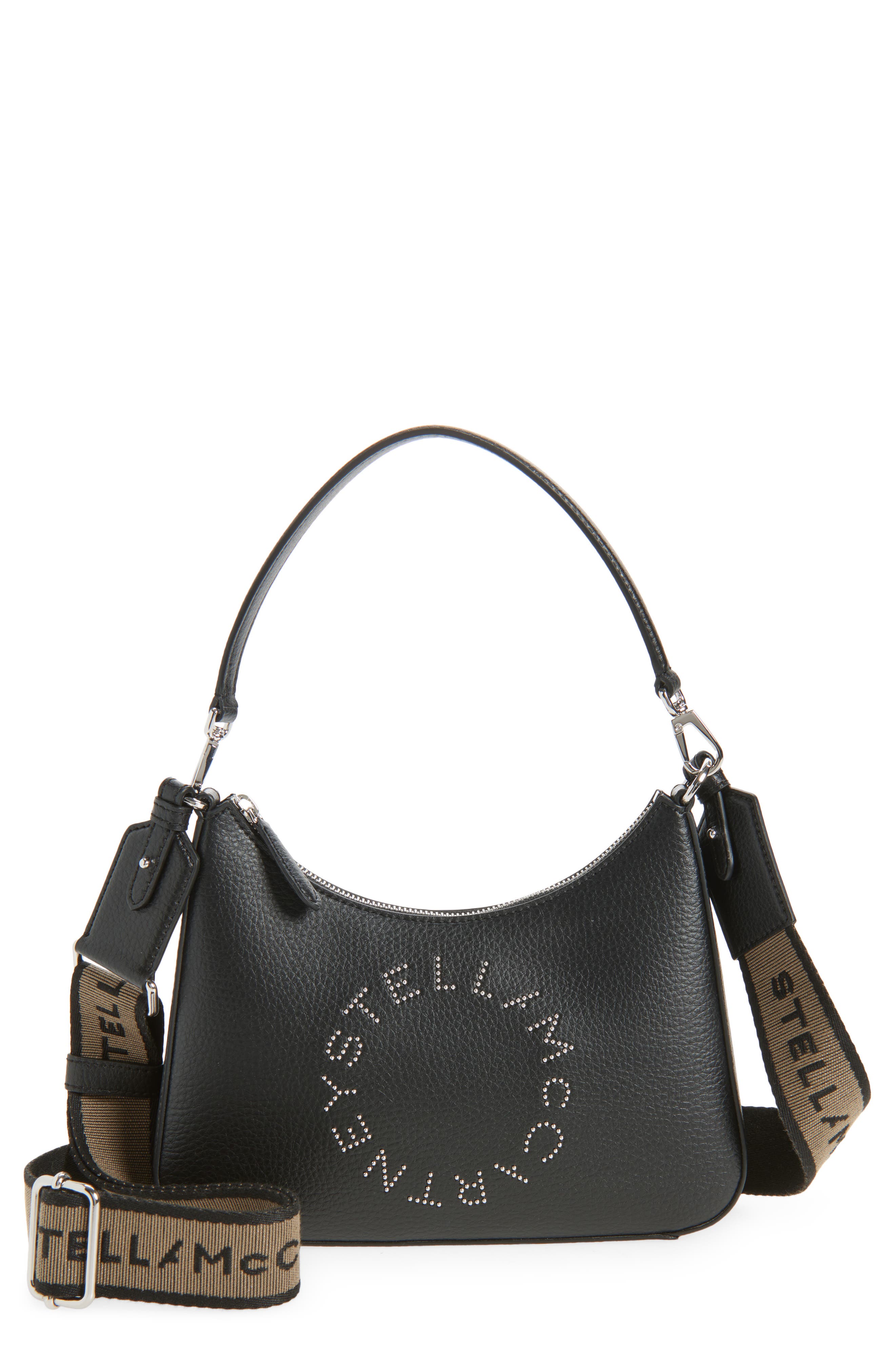 Stella McCartney Small Studded Logo Faux Leather Shoulder Bag, Main, color, Black