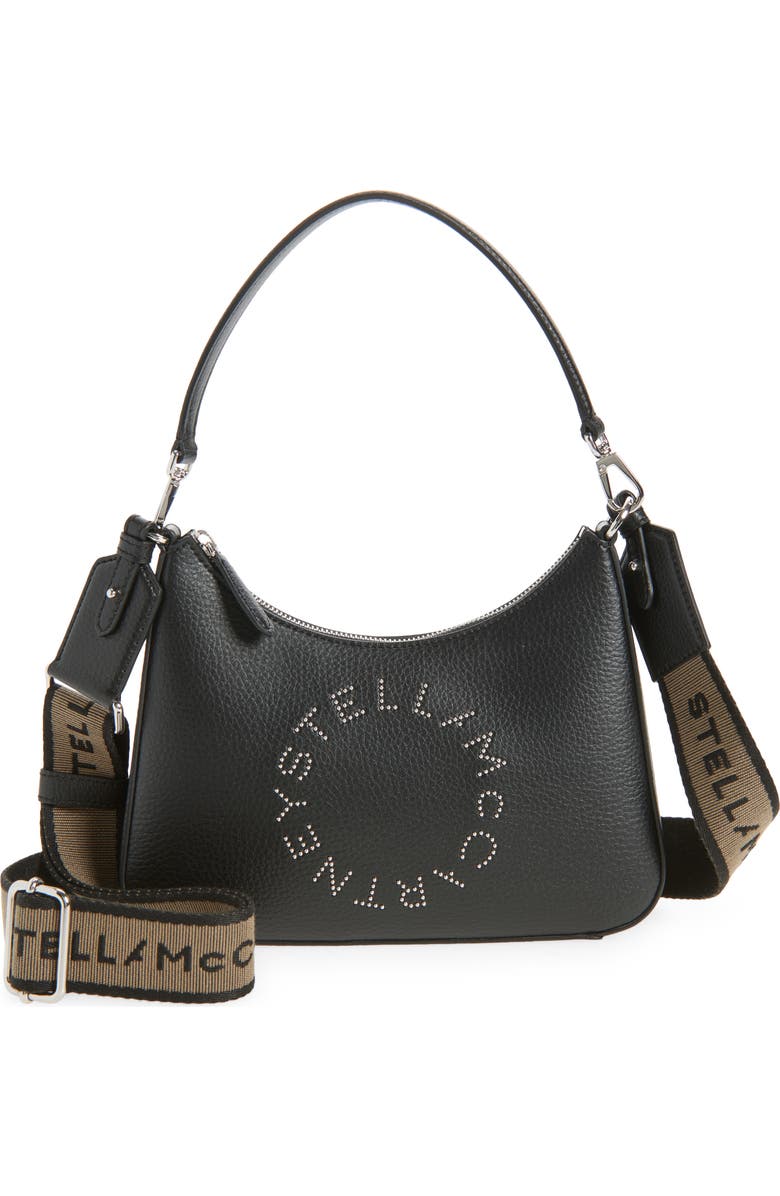 Stella McCartney Small Studded Logo Faux Leather Shoulder Bag, Main, color, Black