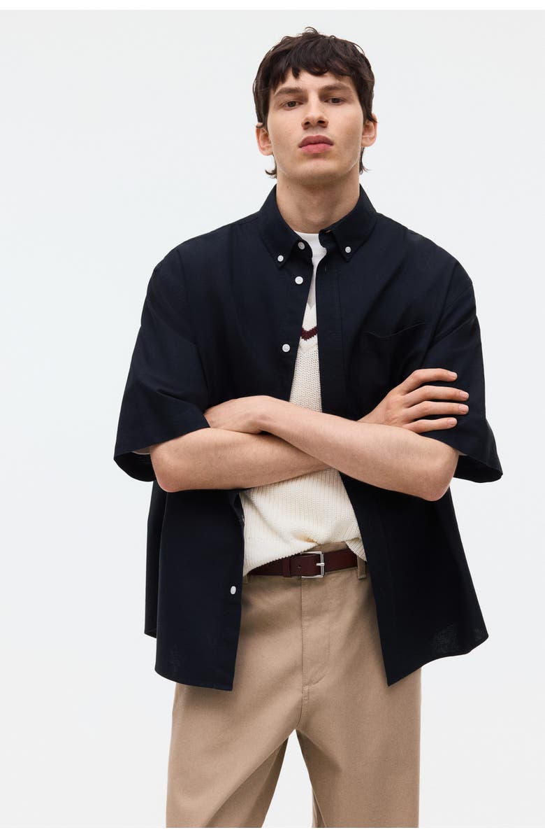 H&M Relaxed-fit short-sleeved oxford shirt, Alternate, color, Black
