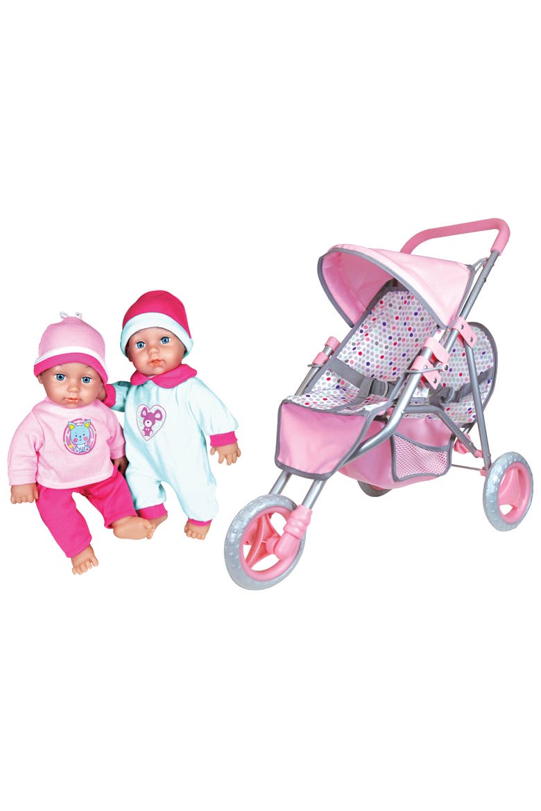 11 Inch Twin Baby Dolls & Jogger Set, Pink & Blue Animal Outfits, Stroller, Main, color, Multicolored
