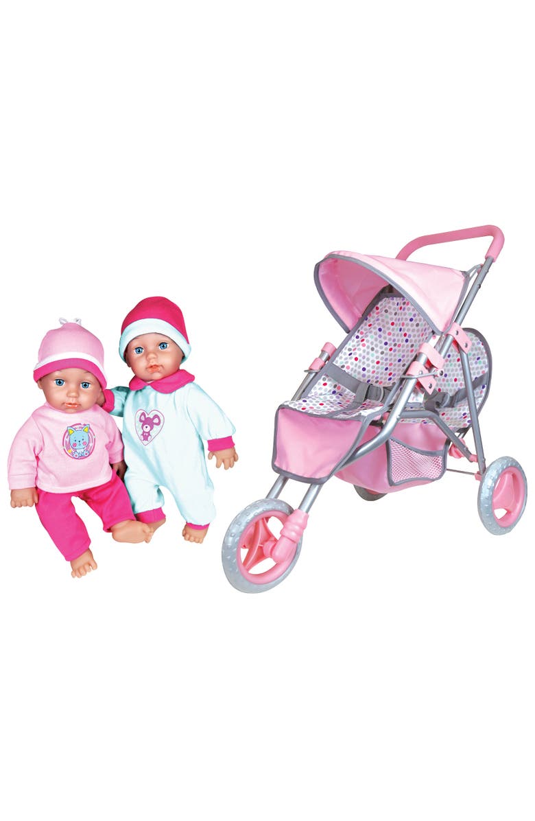 Lissi 11 Inch Twin Baby Dolls & Jogger Set, Pink & Blue Animal Outfits, Stroller, Main, color, Multicolored