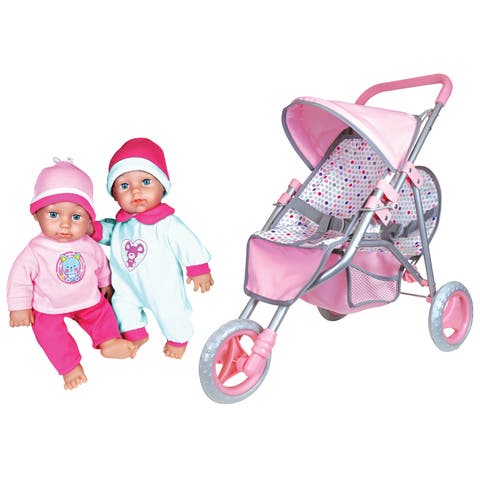11 Inch Twin Baby Dolls & Jogger Set, Pink & Blue Animal Outfits, Stroller