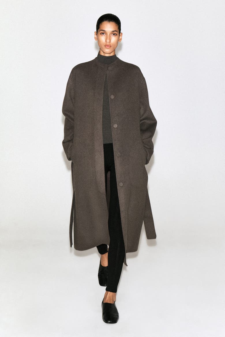 Belted Double-Faced Wool-Blend Long Coat, Alternate, color, BROWN