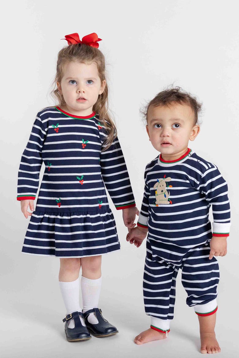Stripe Knit Dress With Embroidered Holly, Alternate, color, Navy, Red, Green, White