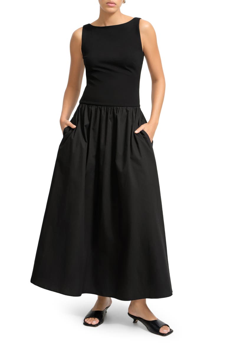Gillian Mixed Media Ponte & Cotton A-Line Dress, Main, color, BLACK