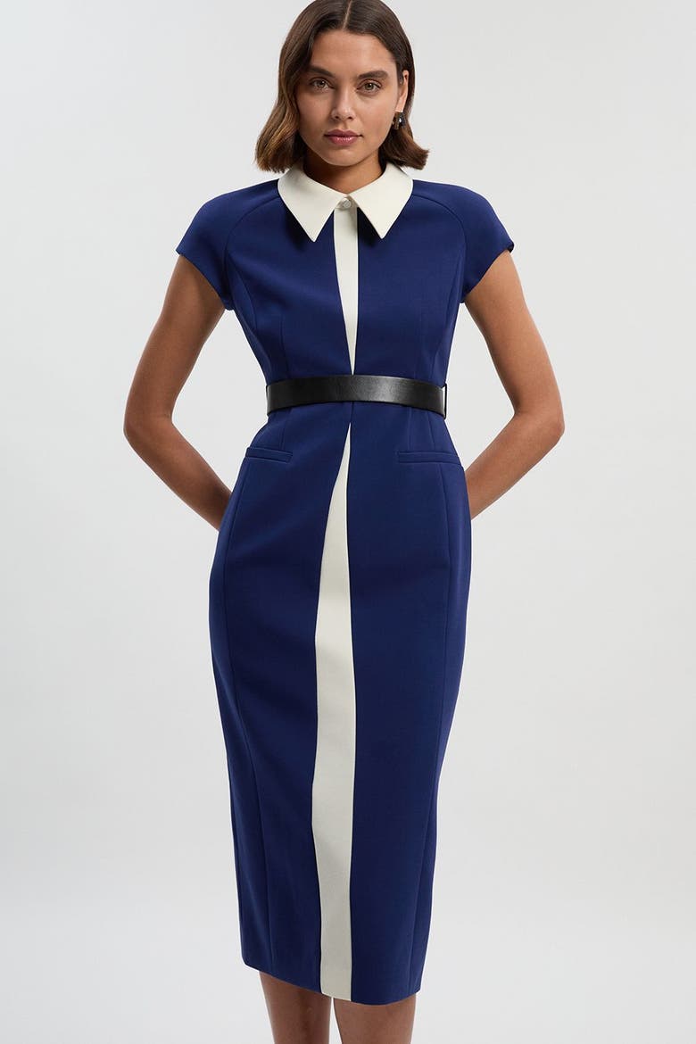 Contrast Collar Tailored Midi Dress, Main, color, Navy