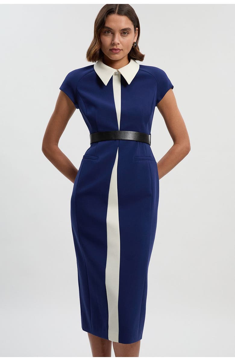 Karen Millen Contrast Collar Tailored Midi Dress, Main, color, Navy