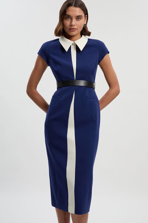 Contrast Collar Tailored Midi Dress