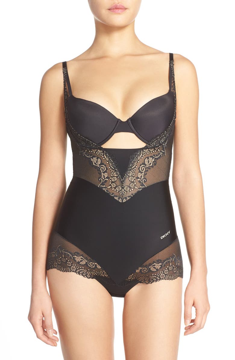 DKNY Under Bust Lace Inset Bodysuit, Main, color,