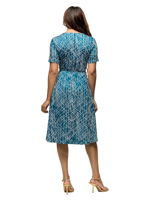 24seven Comfort Apparel Maternity Teal Print Short Sleeve Tie Waist Midi Dress