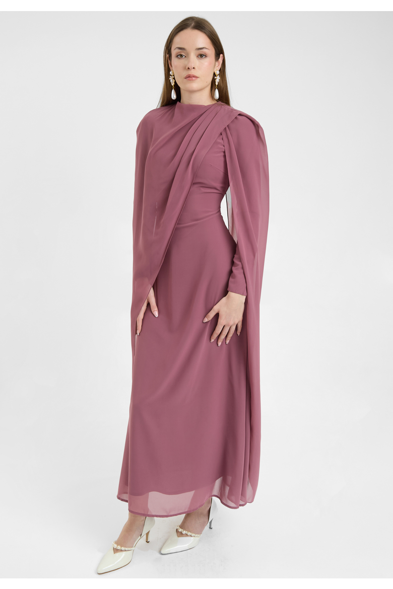 Modest Chiffon Dress Maxi With Elegant Cape Style, Alternate, color, MAUVE