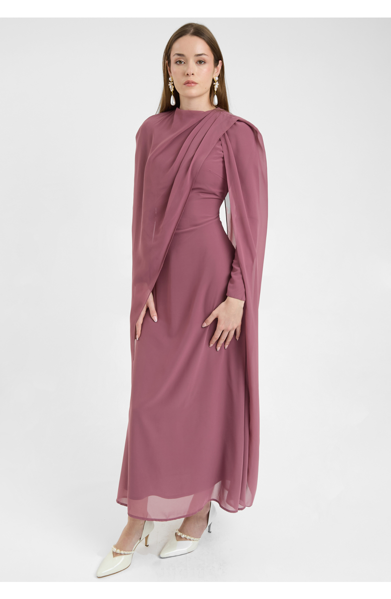 MARYISA Modest Chiffon Dress Maxi With Elegant Cape Style, Alternate, color, Mauve