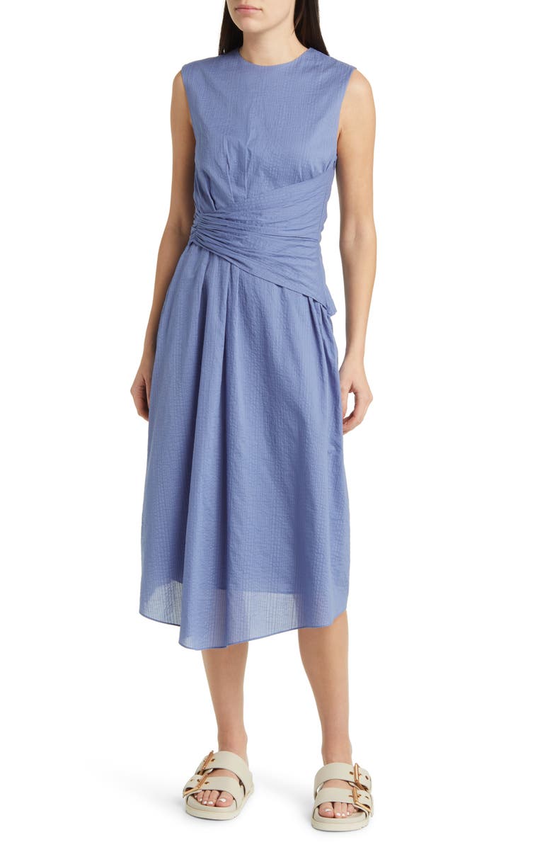 FRAME Ruched Sleeveless Cotton Midi Dress, Main, color, Coastal Blue