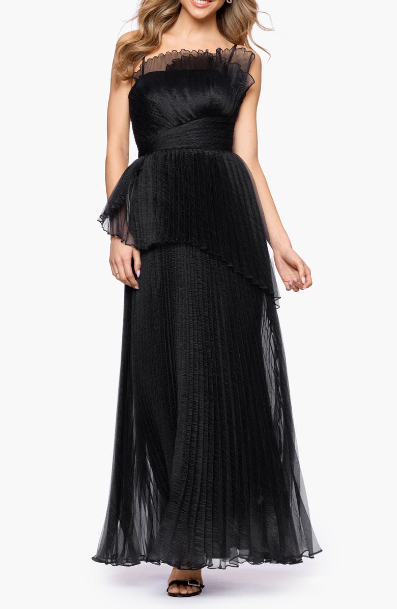 Betsy & Adam Fan Pleated Tulle Gown, Alternate, color, Black