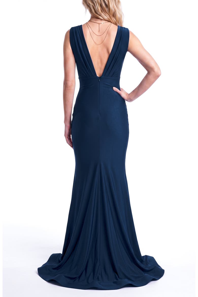 Plunging V-Neck Draped Mermaid Gown, Alternate, color, Navy