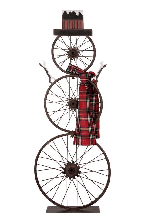 Metal Bike Wheel Snowman Porch Decor