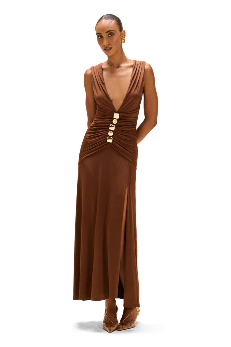 Moonlit Jersey Plunge Gown, Main, color, BROWN