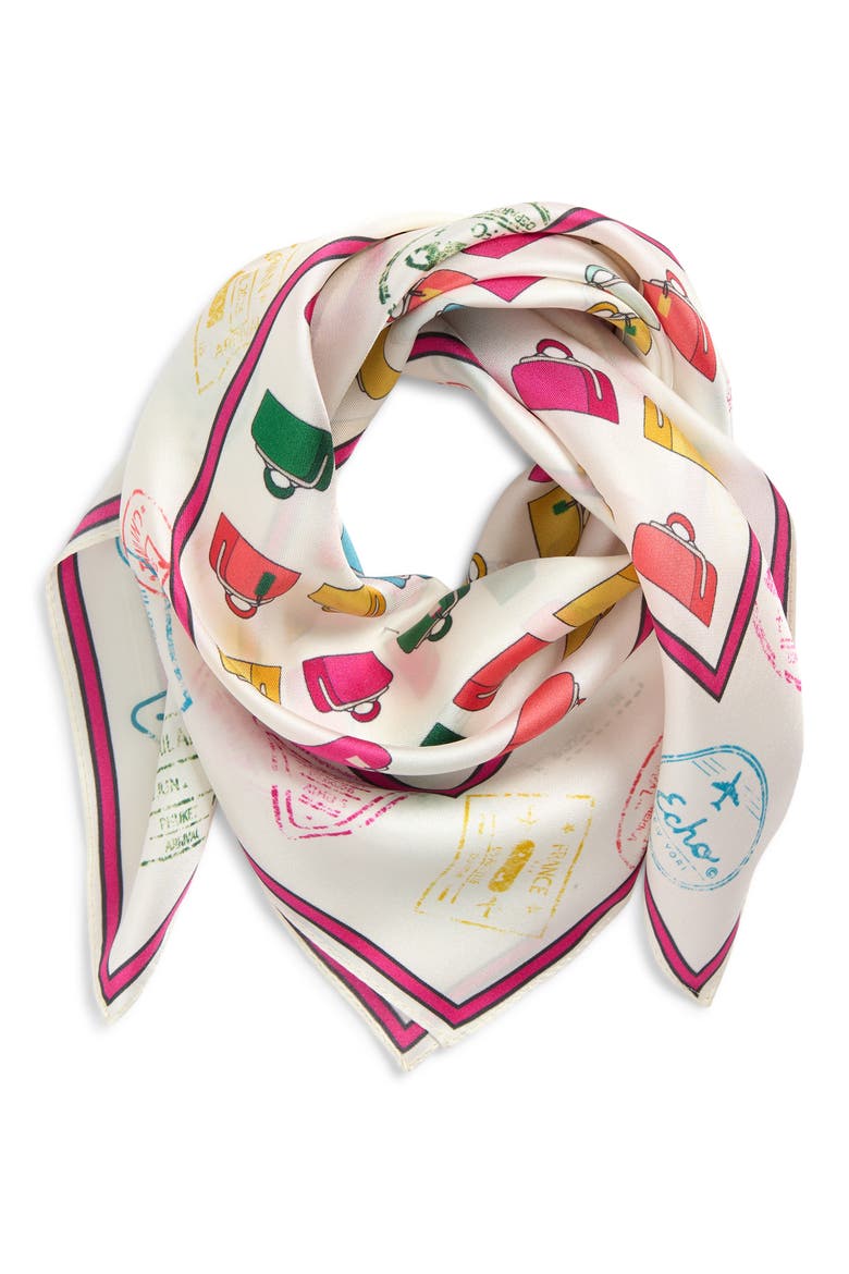 Luggage Silk Square Scarf, Main, color, WHITE MULTI