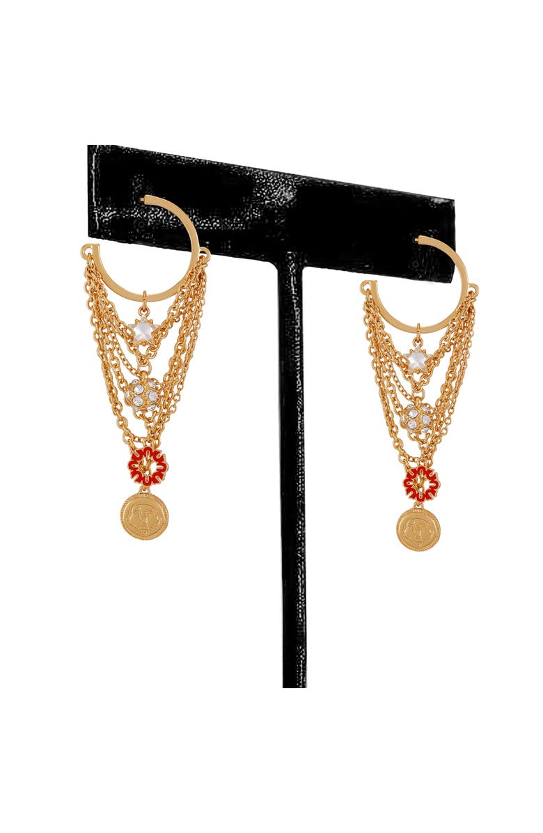 True Religion Charm Chain Drop Hoop Earrings, Alternate, color, Gold Tone