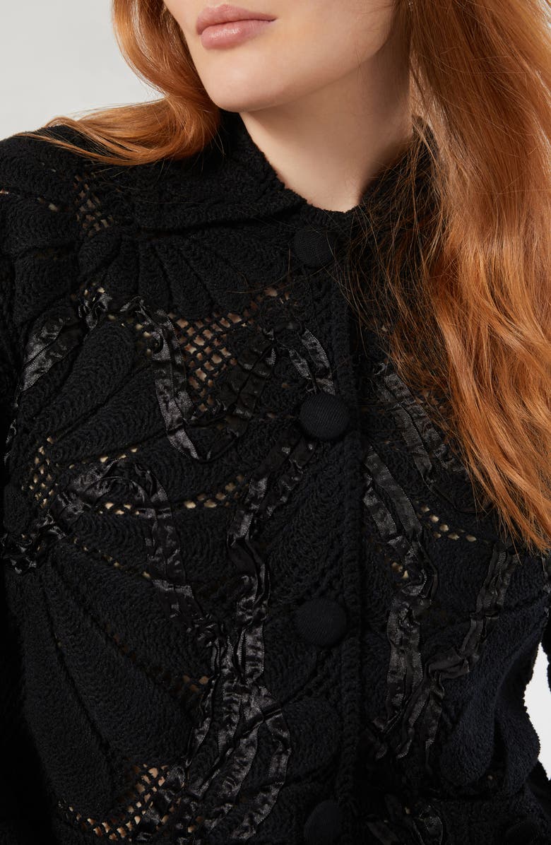 Marina Rinaldi Embroidered Mesh Cotton Blend Cardigan, Alternate, color, Black