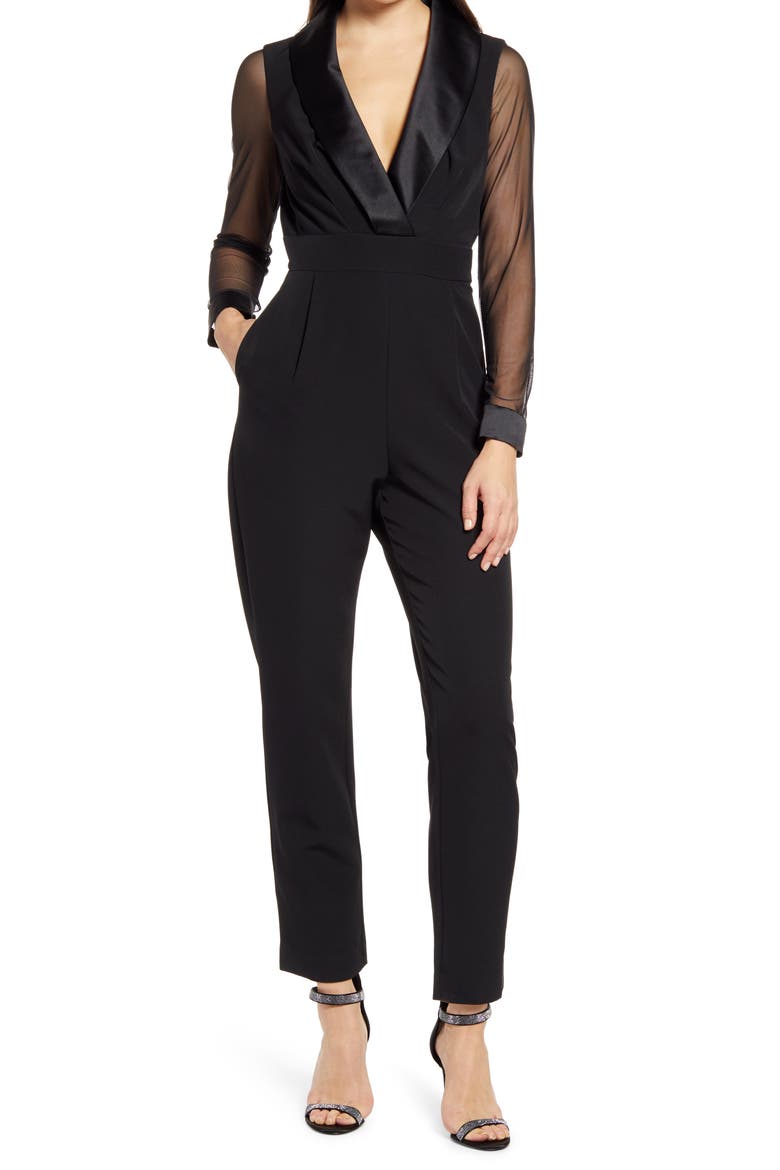 Long Sleeve Shawl Collar Tuxedo Jumpsuit, Main, color, BLACK