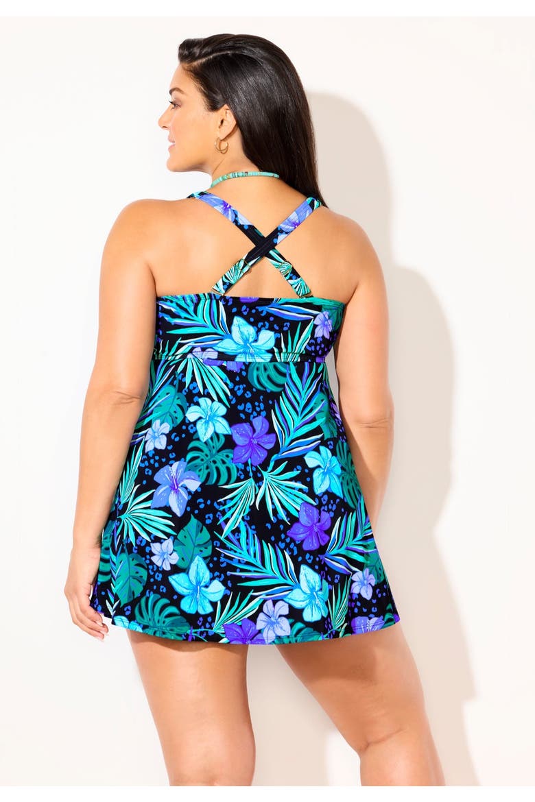 V-Neck Flowy Two-Piece Swimdress, Alternate, color, Blue Hawaiian Floral