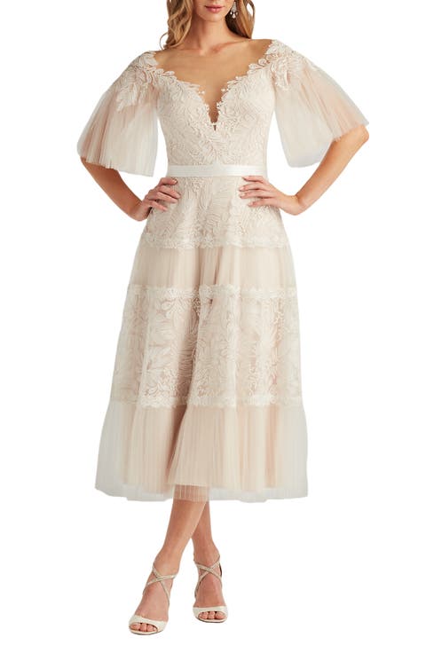 Lace & Mesh Flare Sleeve Midi Dress