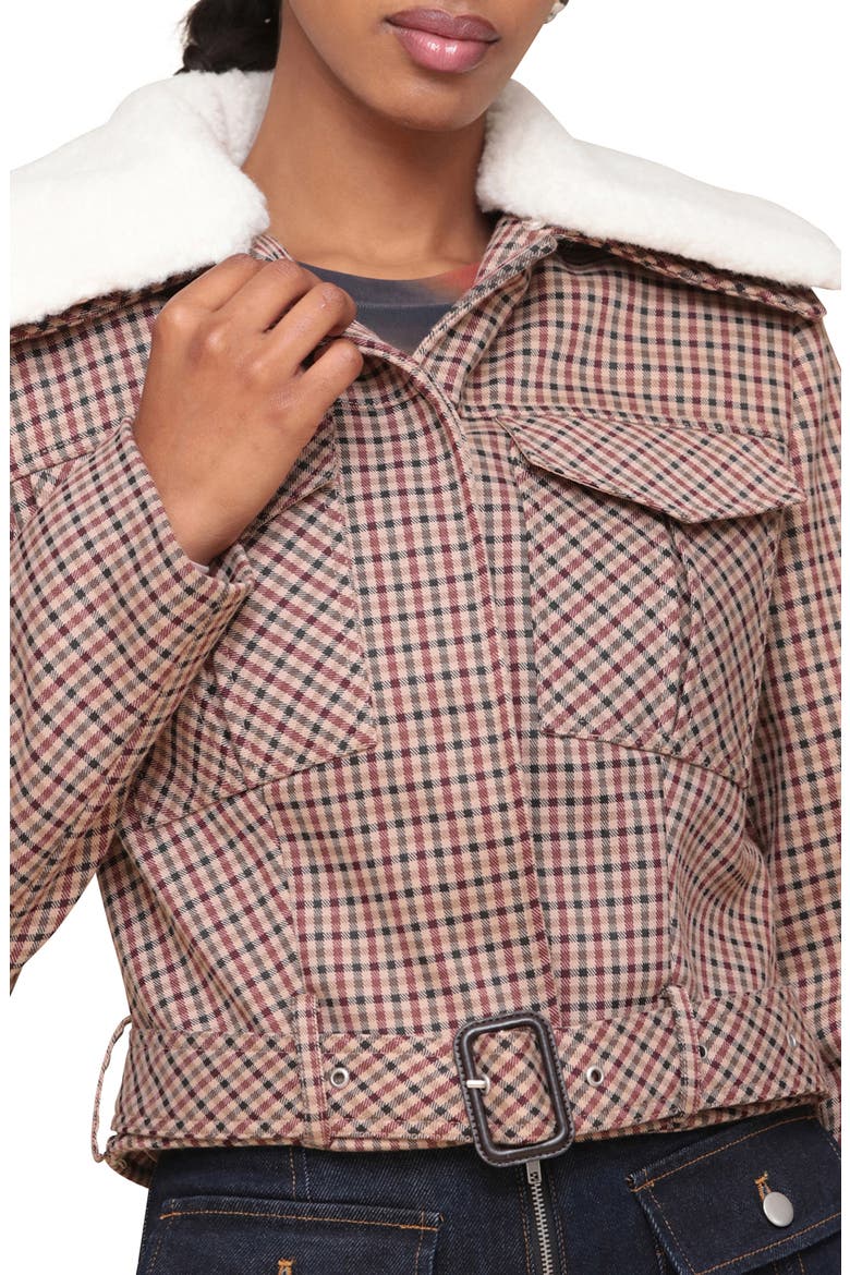 Padded Shoulder Belted Faux Shearling Collar Crop Jacket, Alternate, color, BROWN/ BURGUNDY PLAID
