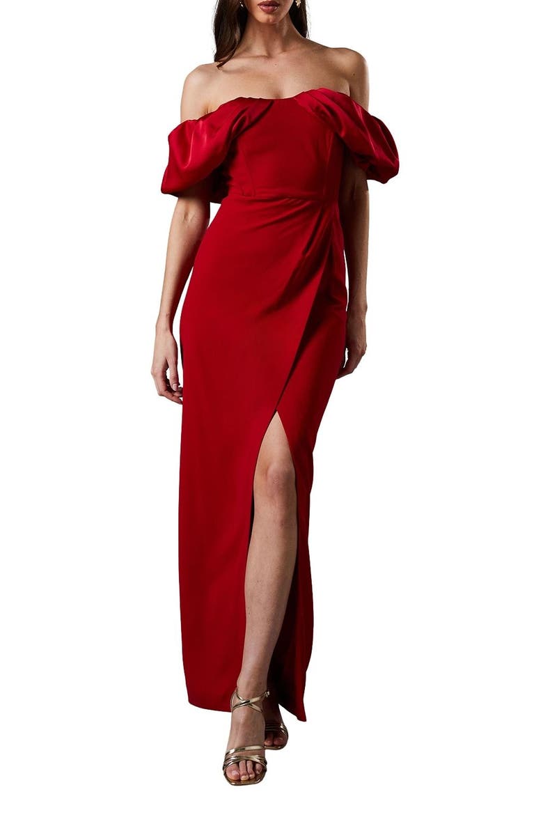 Volume Sleeve Corset Column Maxi Dress, Alternate, color, Red