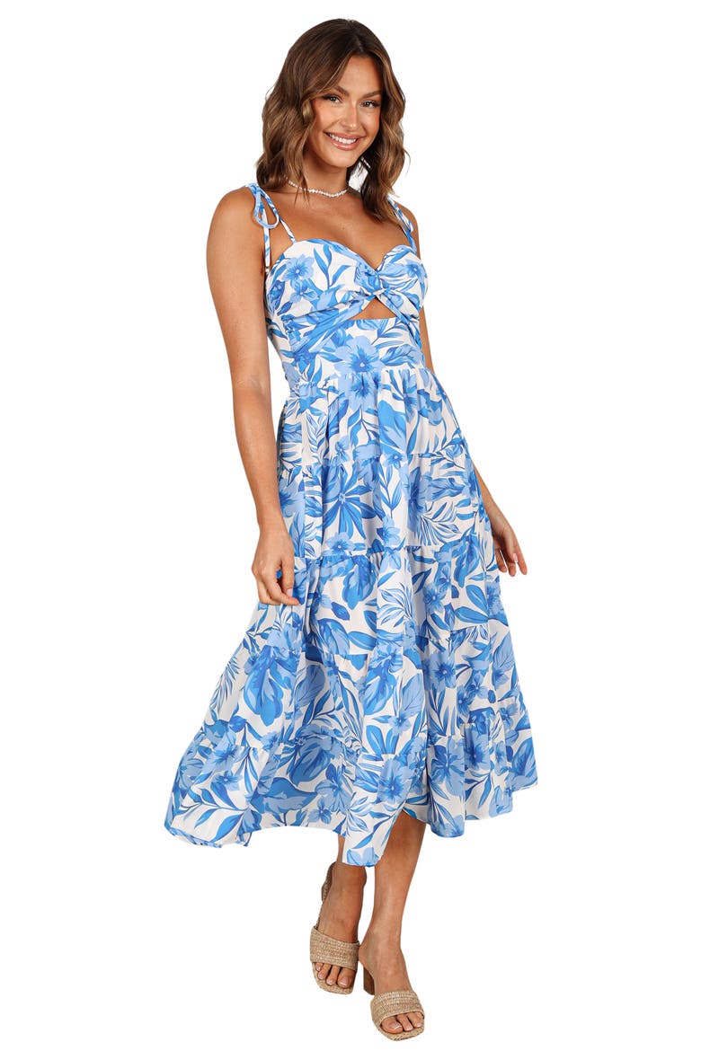 Rose Floral Tie Strap Tiered Midi Dress, Alternate, color, BLUE/ WHITE