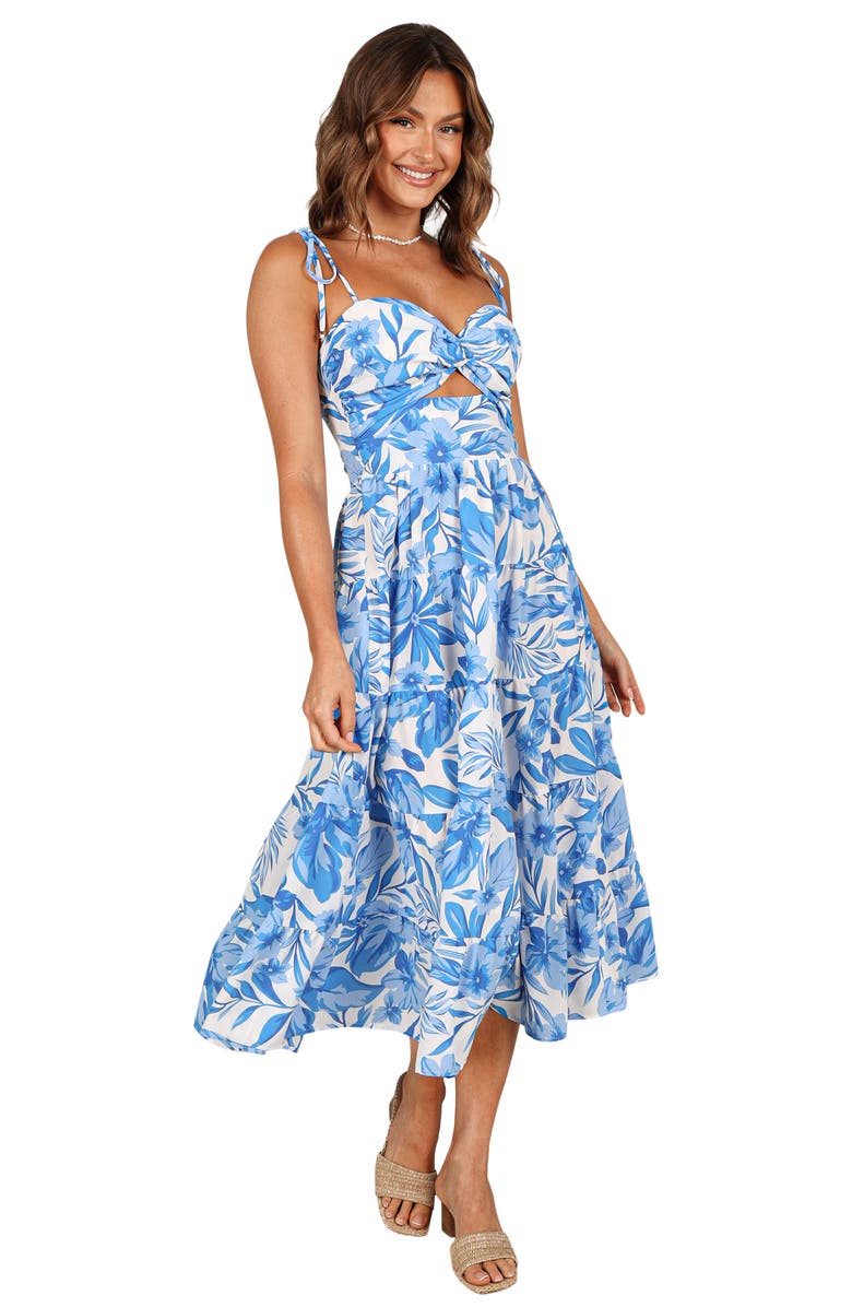 Petal & Pup Rose Floral Tie Strap Tiered Midi Dress, Alternate, color, Blue/ White