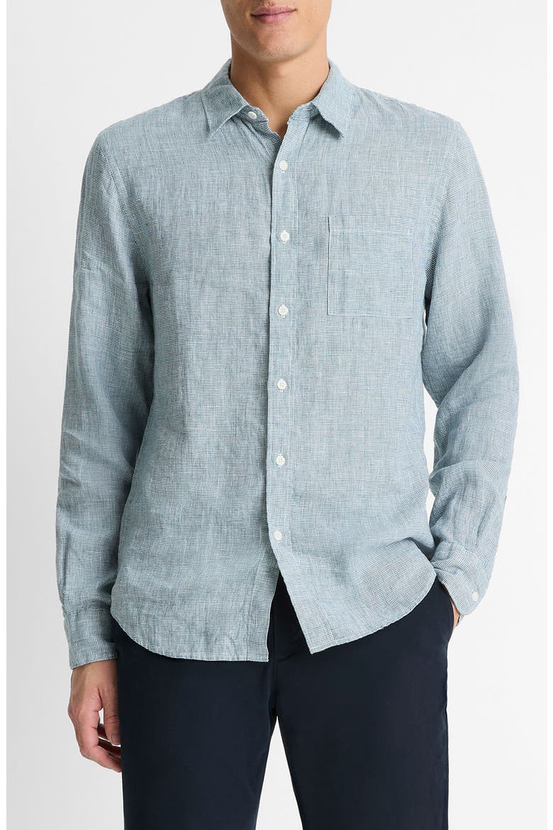 Houndstooth Classic Fit Linen Button-Up Shirt, Main, color, MARLIN TEAL/ OPTIC WHITE