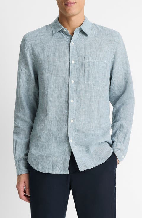 Houndstooth Classic Fit Linen Button-Up Shirt