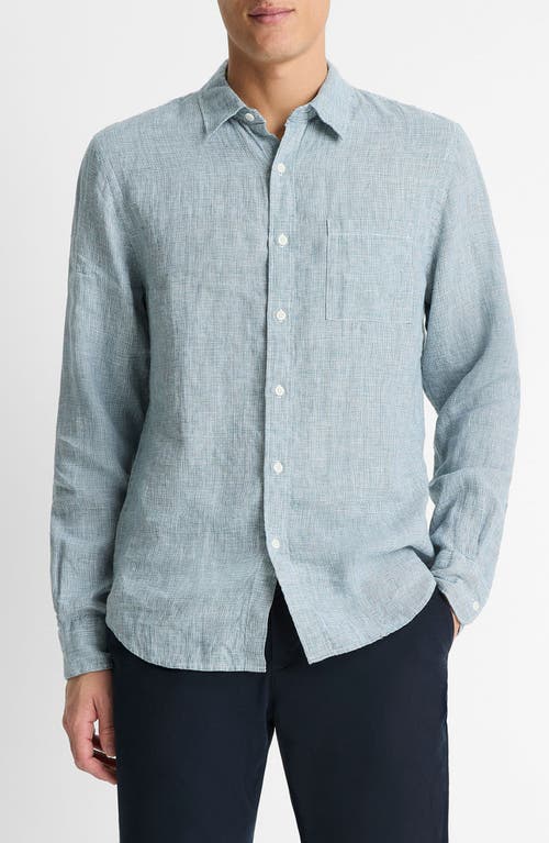 Vince Houndstooth Classic Fit Linen Button-up Shirt In Gray