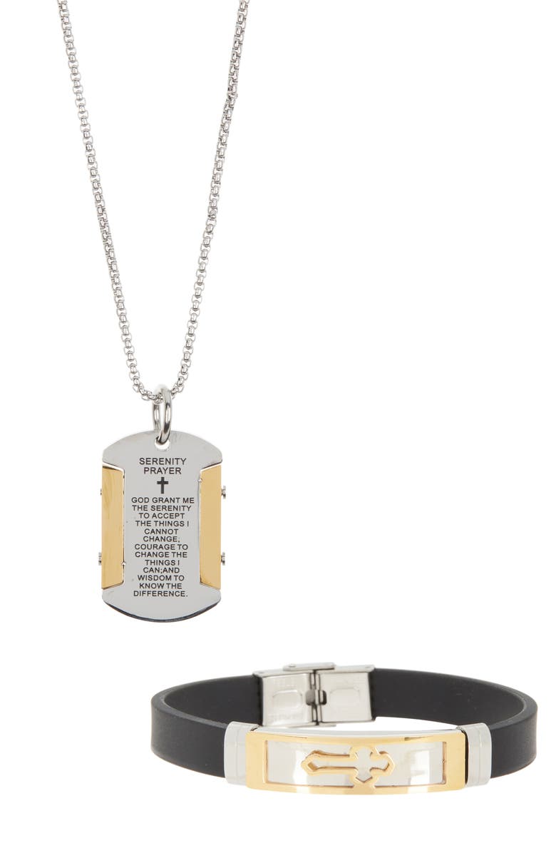 ED JACOBS NYC Men's Serenity Prayer Dog Tag Necklace & Cross Bracelet Set, Main, color,