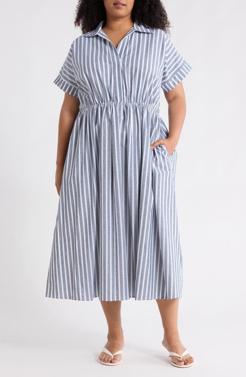 Stripe Short Sleeve Cotton & Linen Midi Dress (Plus)